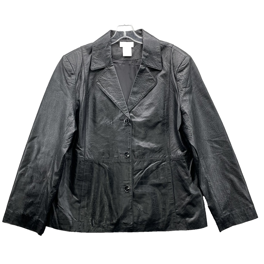 Vintage Worthington Leather Jacket Women XL Black Button Up 70s Moto Chic Office